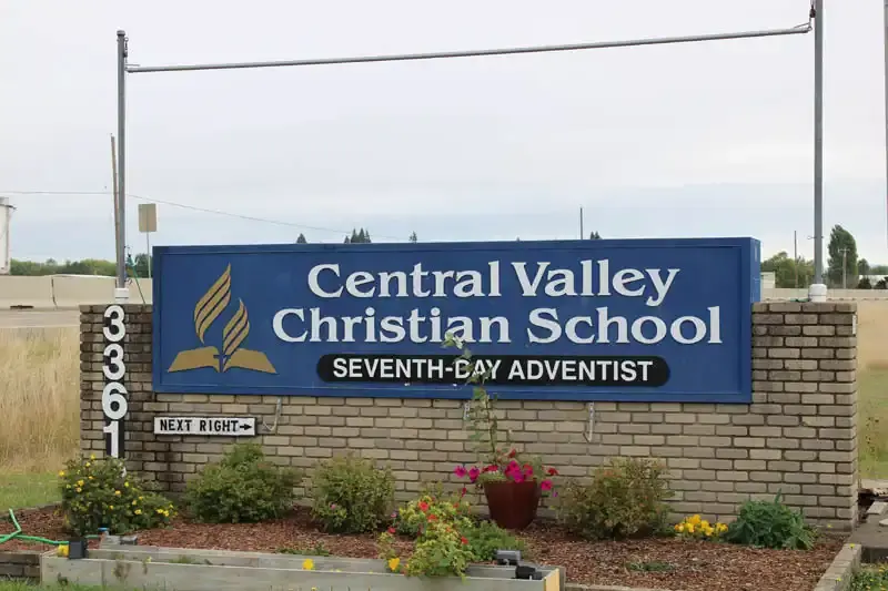 The Central Valley Christian School sign, Seventh-day Adventist, at the school entrance